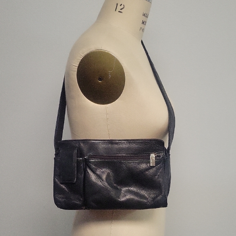 Black Leather Perlina Shoulder Bag.